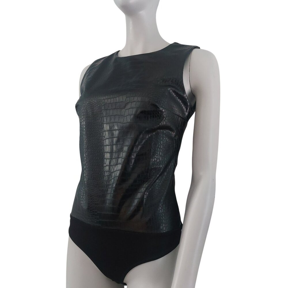Black Faux Leather Bodysuit M Tank Top Croc Embossed Basic Layer Edgy EXPRESS - Picture 5 of 14